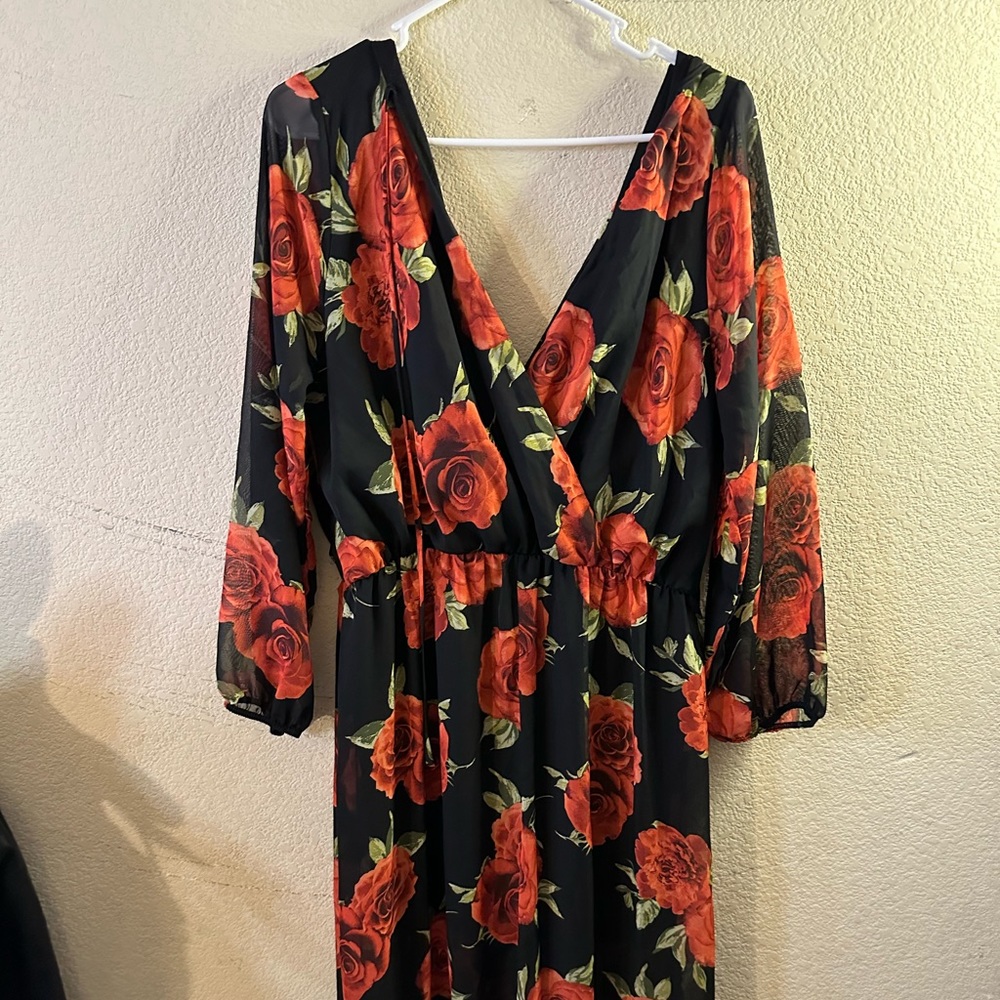 Red flower semi sheer dress